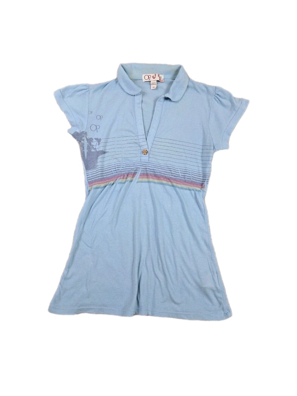 Y2k Op Babydoll Tunic Top Collared Blue Rainbow Wood Button Short Puff Sleeves
